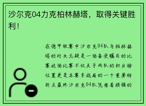 沙尔克04力克柏林赫塔，取得关键胜利！