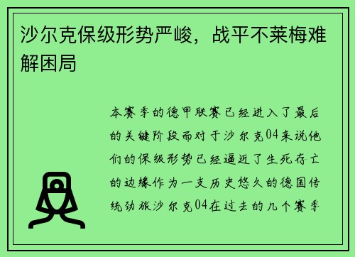 沙尔克保级形势严峻，战平不莱梅难解困局