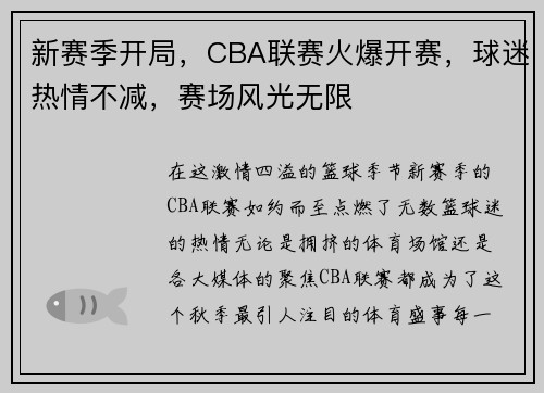 新赛季开局，CBA联赛火爆开赛，球迷热情不减，赛场风光无限