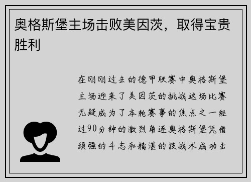 奥格斯堡主场击败美因茨，取得宝贵胜利