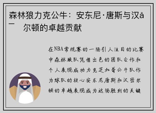 森林狼力克公牛：安东尼·唐斯与汉密尔顿的卓越贡献