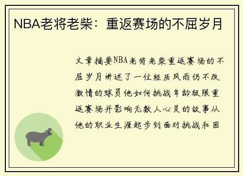 NBA老将老柴：重返赛场的不屈岁月